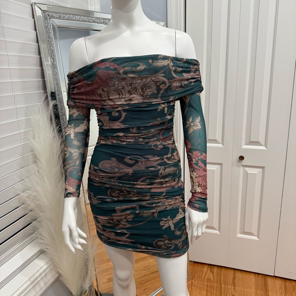 Windsor Off-Shoulder Long Sleeve Dress in Green and Pink